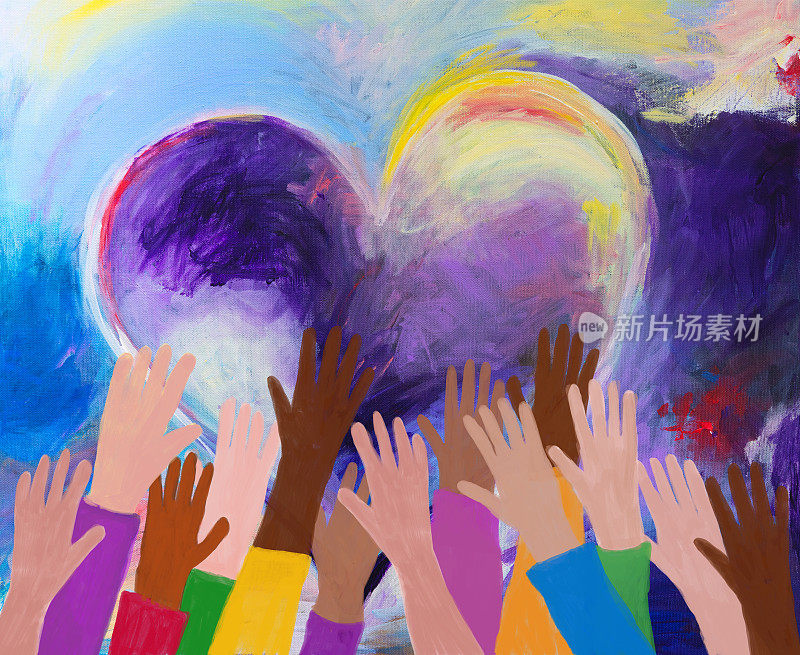 Raised hands and heart shape acrylic painting